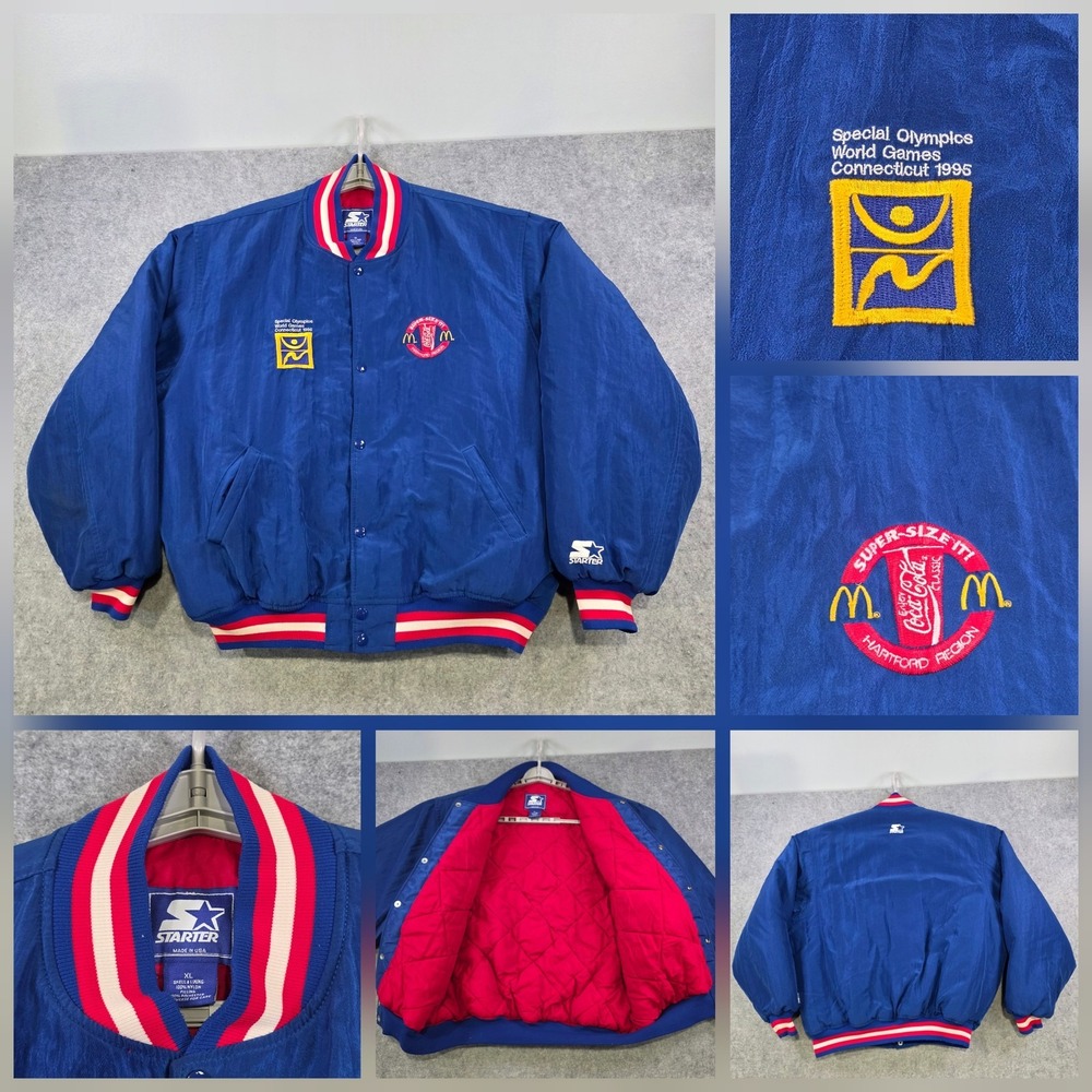 Vintage Starter Jacket Mens XL Blue Satin 1995 Special Olympics McDonalds Coke